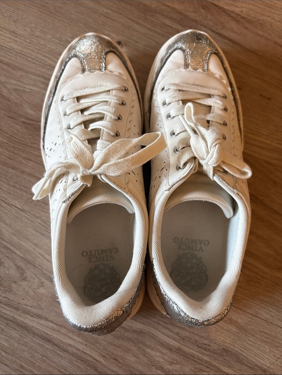 Vince Camuto Shoes - Vince Camuto Cream Leather Sneakers with Silver Metallic Details